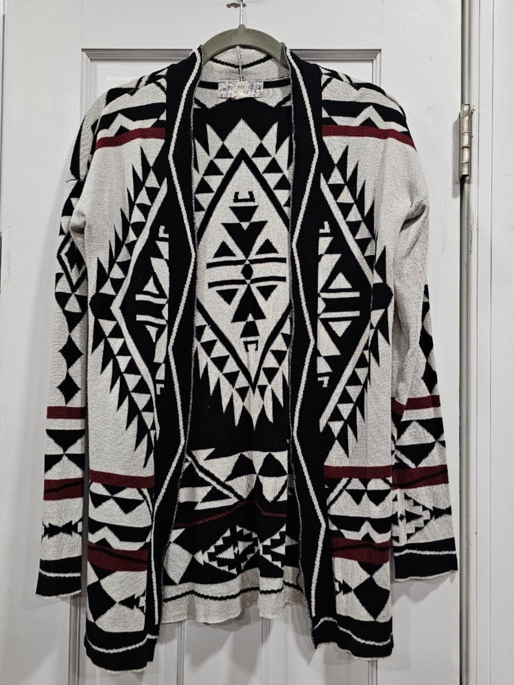 Pink Republic Aztec Geometric Open Front Cardigan Sweater Egret Black S
